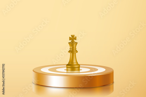 3d gold King chess figure on center of golden dartboard. bullseye in target. Business investment goal, idea challenge, objective strategy, year focus concept illustration