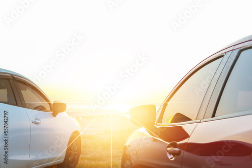 Travel car on sea beach street automotive roadtrip on sunset background for transport  travel of nature to vehicle auto landscape light the sun for travel journey trip summer and lifestyle