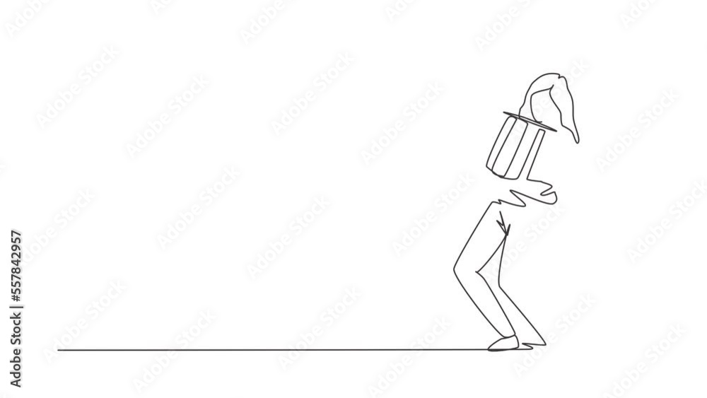 Self drawing animation of single line draw girl hugging gift box. Cheerful woman carrying a heavy gift box. Bonus or special offer. Present of celebration. Continuous line draw. Full length animated Self drawing animation of single line draw girl hugging gift box. Cheerful woman carrying a heavy gift box. Bonus or special offer. Present of celebration. Continuous line draw. Full length animated