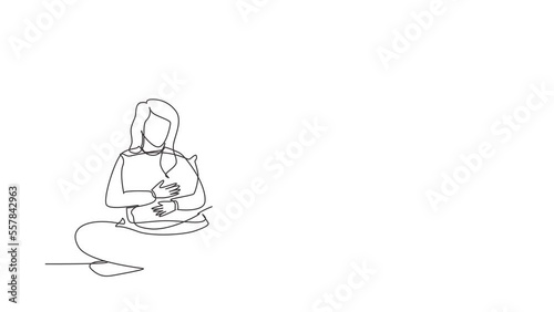 Self drawing animation of single line draw girl sitting, hugging pillow. Woman sits with her eyes closed and is about to go to bed. Relaxing, time to sleep. Continuous line draw. Full length animated