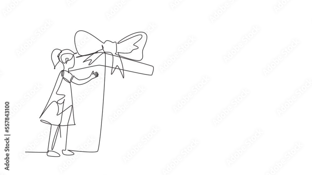 Animated self drawing of continuous line draw little girl hugging huge birthday gift. Satisfied kid standing near wrapped birthday gift box with bow. Present, birthday. Full length one line animation Animated self drawing of continuous line draw little girl hugging huge birthday gift. Satisfied kid standing near wrapped birthday gift box with bow. Present, birthday. Full length one line animation