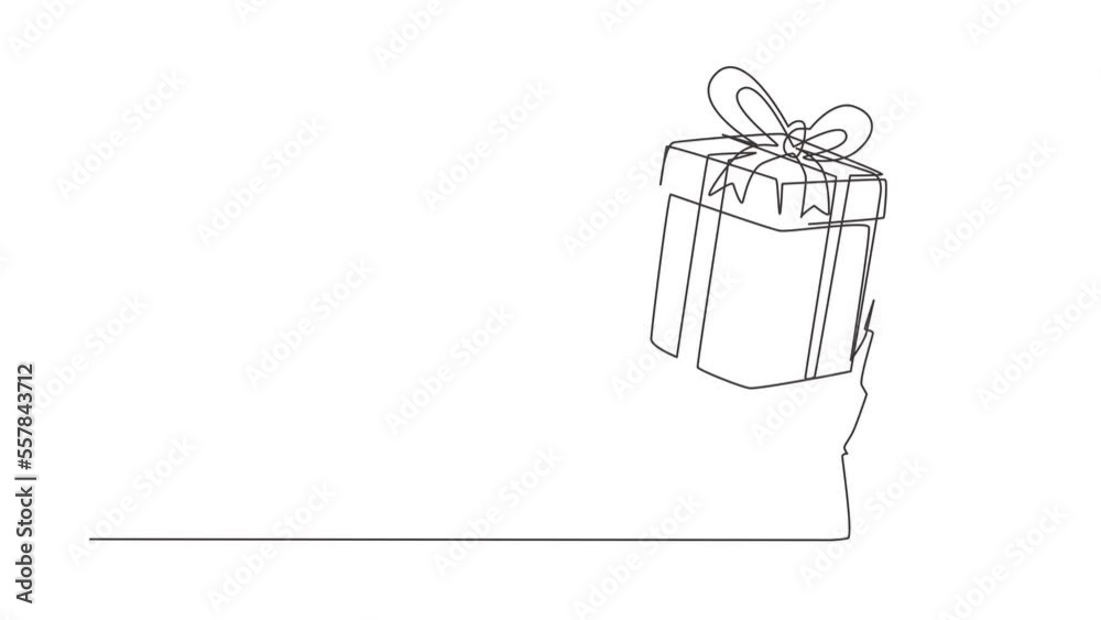 Self drawing animation of single line draw man carrying a big present ...