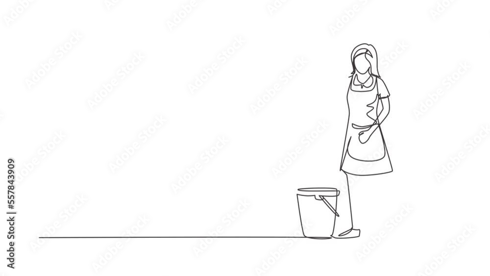 Animated self drawing of continuous line draw cleaning staff to work with the equipment. Woman with buckets and mops. Domestic cleaner worker and cleaners equipment. Full length one line animation Animated self drawing of continuous line draw cleaning staff to work with the equipment. Woman with buckets and mops. Domestic cleaner worker and cleaners equipment. Full length one line animation