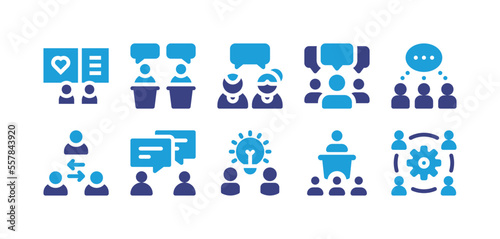 Discussion icon set. Duotone color. Vector illustration. Containing discussion, businessmen, communication, intermediary, idea, lecture, workshop.