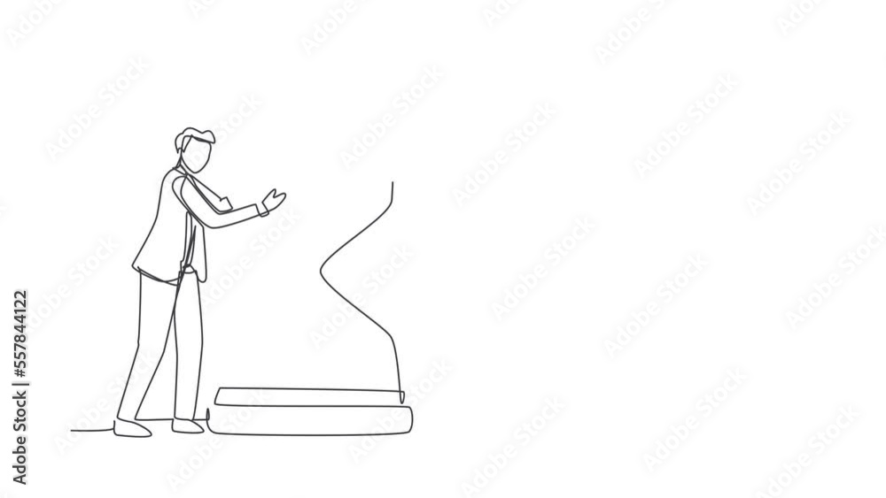 Self drawing animation of single line draw confident young businessman hugging on huge hourglass. Time management or successfully task organizing concept. Continuous line draw. Full length animated Self drawing animation of single line draw confident young businessman hugging on huge hourglass. Time management or successfully task organizing concept. Continuous line draw. Full length animated