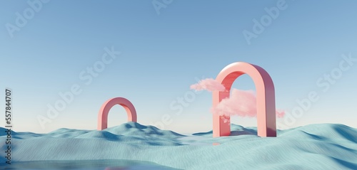 Surreal Beautiful Dream land background. Abstract Dune in winter season landscape with geometric arch. Fantasy island scenery with water and natural cloudy sky. Metallic mirror arch. 3d render.