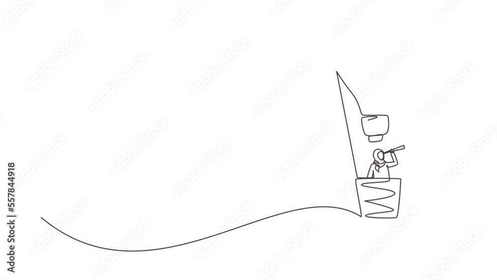 Animated self drawing of continuous line draw businesswoman through telescope in hot air balloon-light bulb. Woman in lightbulb balloon search to business idea planning. Full length one line animation Animated self drawing of continuous line draw businesswoman through telescope in hot air balloon-light bulb. Woman in lightbulb balloon search to business idea planning. Full length one line animation