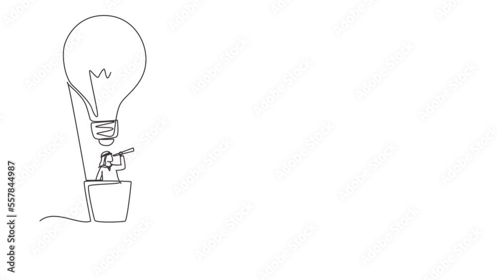 Animated self drawing of continuous line draw businessman through telescope in air balloon-light bulb. Man in lightbulb balloon search to success. Business idea concept. Full length one line animation