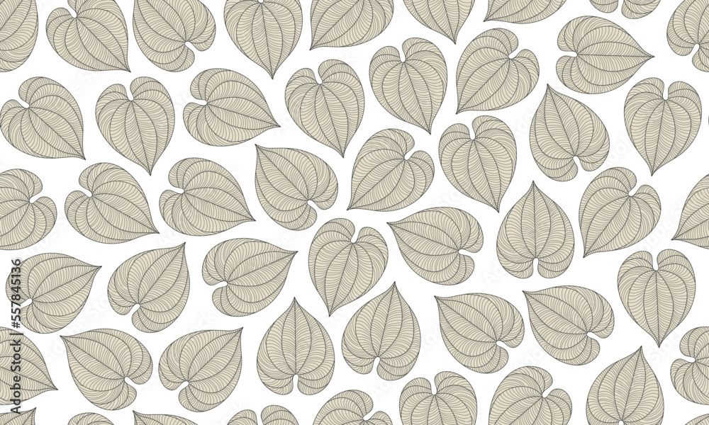 Leaves Line Drawing Pattern. Tropical Leaves Black Line Sketch on White Background. Leaves Linear Style Seamless Pattern. Vector EPS 10.