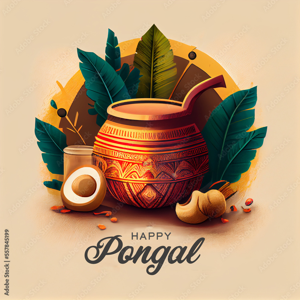 Illustration of Happy Pongal Holiday Harvest Festival of Tamil Nadu South India greeting background. Generating Ai. - obrazy, fototapety, plakaty 