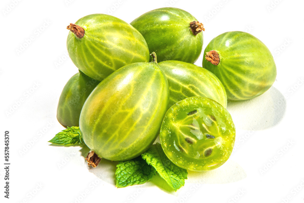 Gooseberry with leaf isolated on white. Gooseberry with leaf isolated on white.