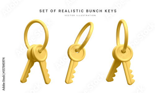 Set of 3d realistic golden bunch of keys isolated in withe background. Vector illustration