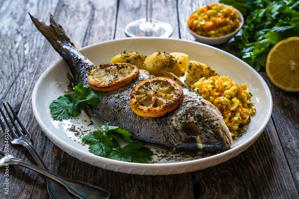 Roast sea bream with potatoes and vegetables on wooden table
