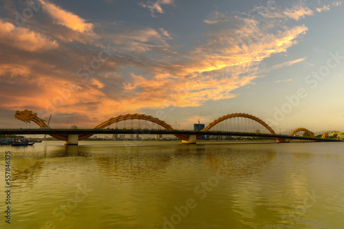 Dragon bridge with Han river in Da Nang city. Landmark and popular for tourist attraction. Vietnam and Southeast Asia travel concept