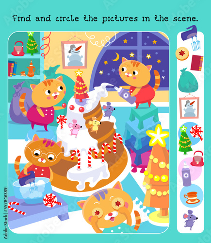 Find and circle objects. Puzzle game for children. Cute kittens making Christmas cake with mice. Cartoon characters cats in uniform. Color vector illustration. 