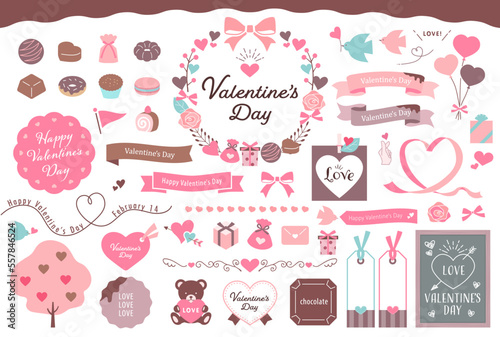 バレンタインデーのイラストとフレームセット / あしらい、ハート、リボン、飾り枠、チョコレート,ベクター