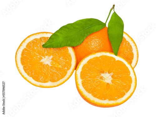 Oranges and leaves isolated on white background © PhotoSG