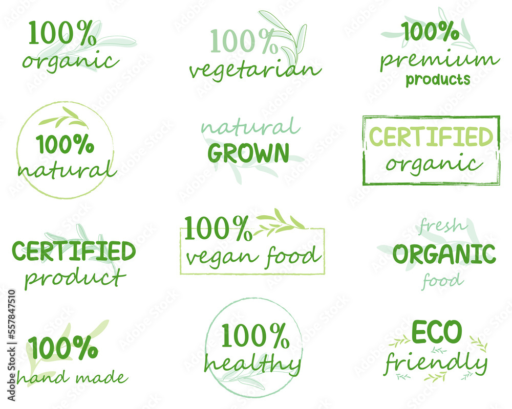 Vector illustration for organic food and natural products logo, sign, icon, labels and badges for food and drink promotion.