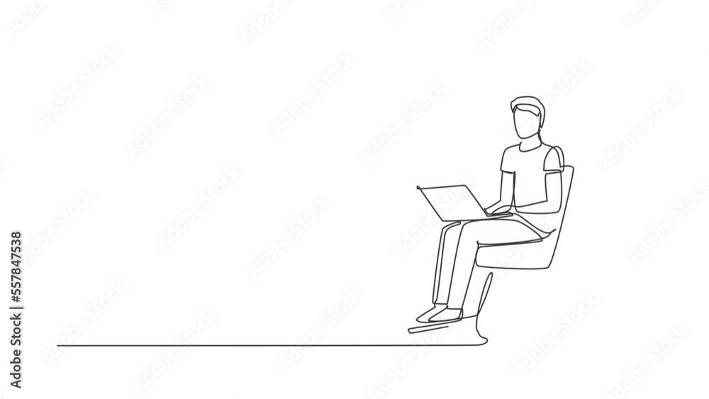 Animated self drawing of continuous line draw disabled man working on laptop. Wheelchair, idea. Disability. Online job and startup. Physical disability and society. Full length one line animation Animated self drawing of continuous line draw disabled man working on laptop. Wheelchair, idea. Disability. Online job and startup. Physical disability and society. Full length one line animation