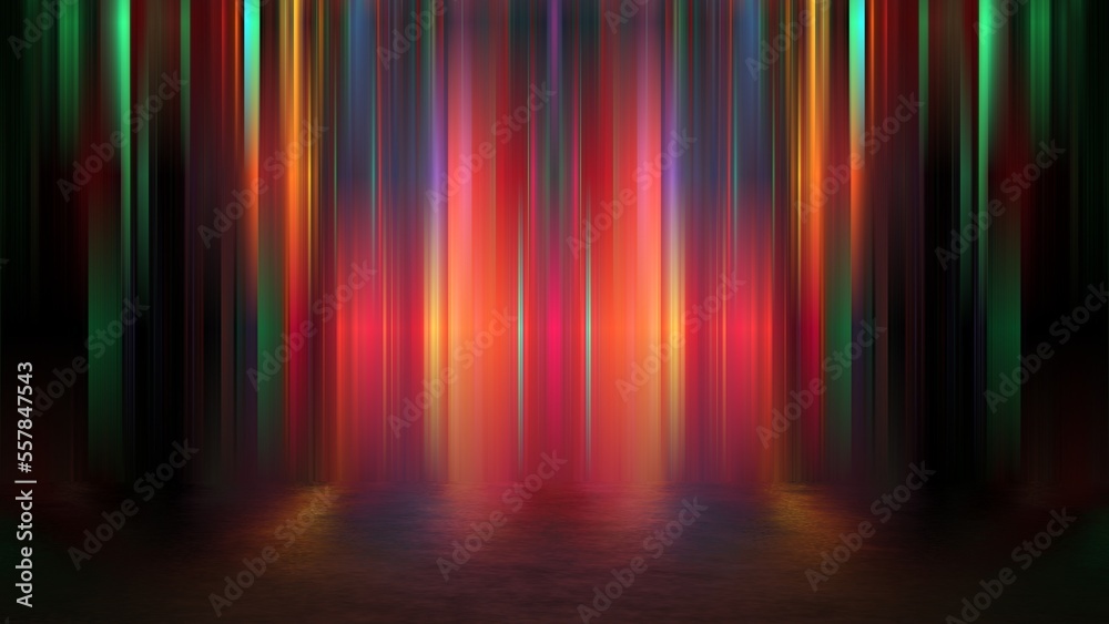 Luminous podium wall, reflection, neon glass, geometric blurred shapes, futurism, bright colors stripes. Showcase for a beauty product. 3d render