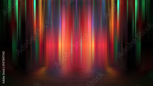 Luminous podium wall  reflection  neon glass  geometric blurred shapes  futurism  bright colors stripes. Showcase for a beauty product. 3d render