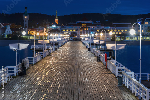 Poland, Pomerania, Sopot, Illuminated Sopot Pier at night