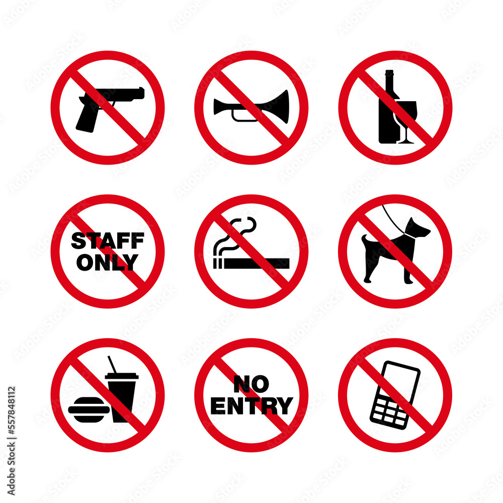 Prohibition sign vector set. Suitable for design element of work safety signs and regulations in public places. Prohibition sign vector set. Suitable for design element of work safety signs and regulations in public places.