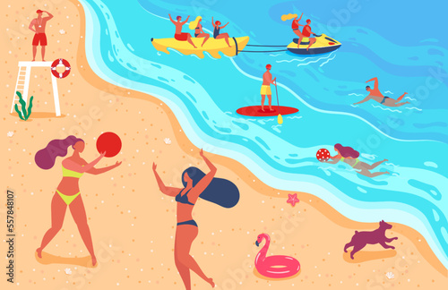 People on summer beach play with ball on sand. Vector beach summer, sea vacation with ball illustration