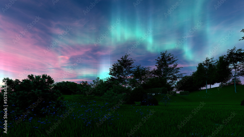 3d render aurora borealis nature environment landscape grass and trees backdrop illustration wall mural concept decoration 3d design scene
