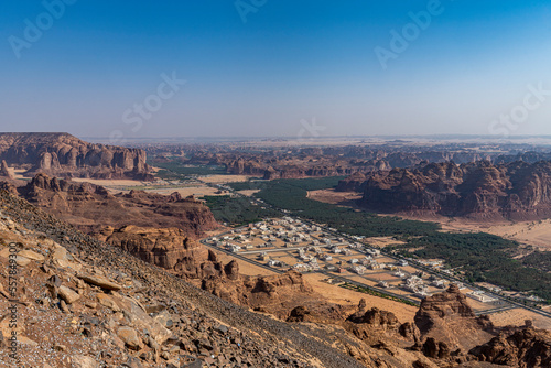 Saudi Arabia, Al-Ula, View of vast oasis stretching along desert valley photo