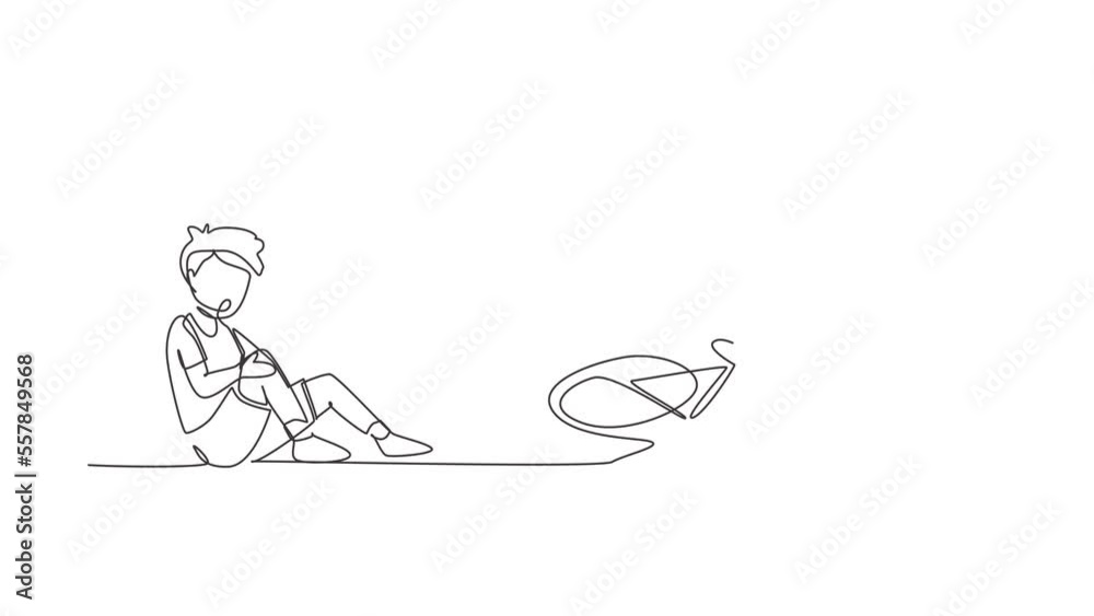 Animated self drawing of continuous line draw boy fallen off bicycle. Bike accident. Kids fallen damaged bicycle broken transport children accidents helping person. Full length one line animation