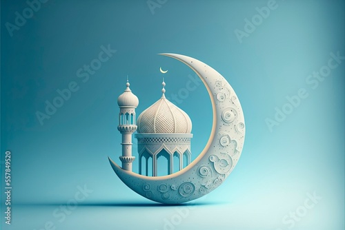 Fotografiet 3d illustration of a mosque with golden moon and stars ornament