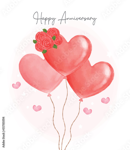 watercolour cute bunch of Valentine red balloons heart shape with bouquet of red roses,  happy Anniversary, greeting card hand drawing illustration vector
