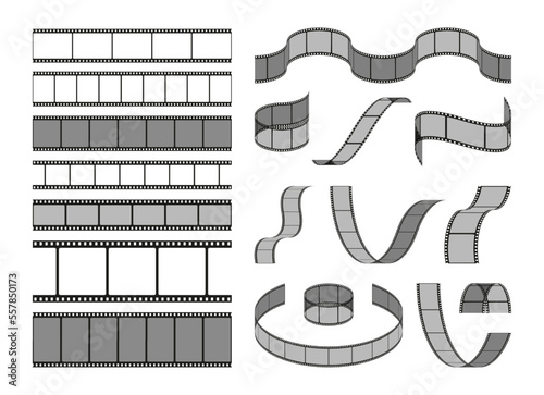 Curved film stripes. Retro camera rolls analog 35mm middle format, photo cinema blank tape frames cinematography photography concept. Vector set of film reel negative illustration