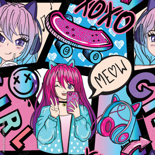Anime girl seamless pattern with street art style headphones with cat ears, comic boards with manga teenagers.  girlish comics repeat print.
