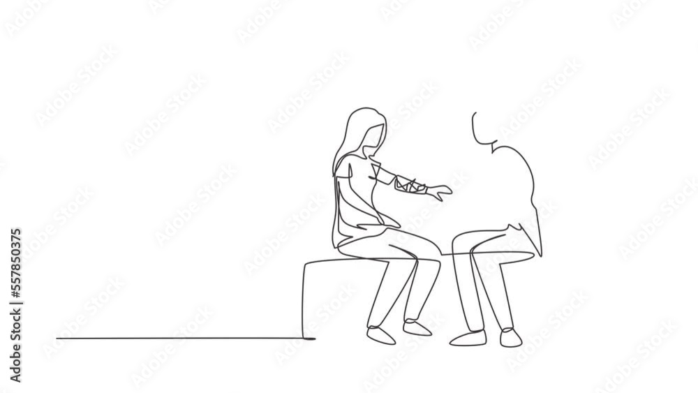 Animated self drawing of continuous line draw doctor bandages patient hand. First aid emergency doing dressing bandage in Traumatology clinic. Healthcare concept. Full length single line animation