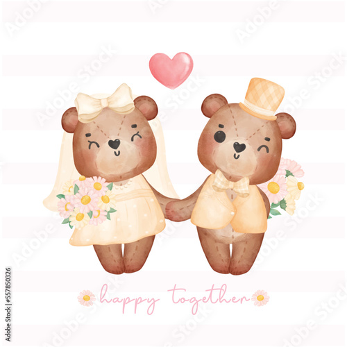 Cute Valentine teddy bear couple cartoon character hand drawing illustration vector, idea for wedding invitation, greeting card, Valentine's day, anniversary decor and more