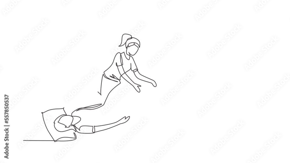 Animated self drawing of continuous line draw physiotherapy rehabilitation composition with female lying on mat, legs on rubber ball with medical. Healthcare concept. Full length single line animation Animated self drawing of continuous line draw physiotherapy rehabilitation composition with female lying on mat, legs on rubber ball with medical. Healthcare concept. Full length single line animation