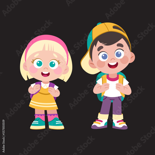 Cute little school boy and school girl with backpacks. Vector cartoon character with 1 September and school theme. Smiling children in casual clothes.