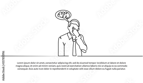 Continuous line design of a man who is sad and suffering from depression. Mental health concept design. Decorative elements drawn on a white background.