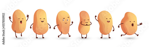 Cartoon potato. Funny tuberous characters with smiling faces, cute vegetable product appetizers with different emotions style. Vector colorful set of cartoon food illustration, smile character potato