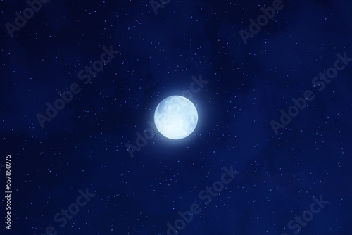 Full Moon and Milky way stars on a dark blue sky.