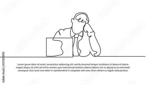 Continuous line design of business man exhausted at work. Decorative elements drawn on a white background.