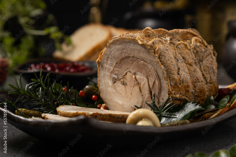 Whole cooked bacon roulade. Tied with a string. Whole cooked bacon roulade. Tied with a string.