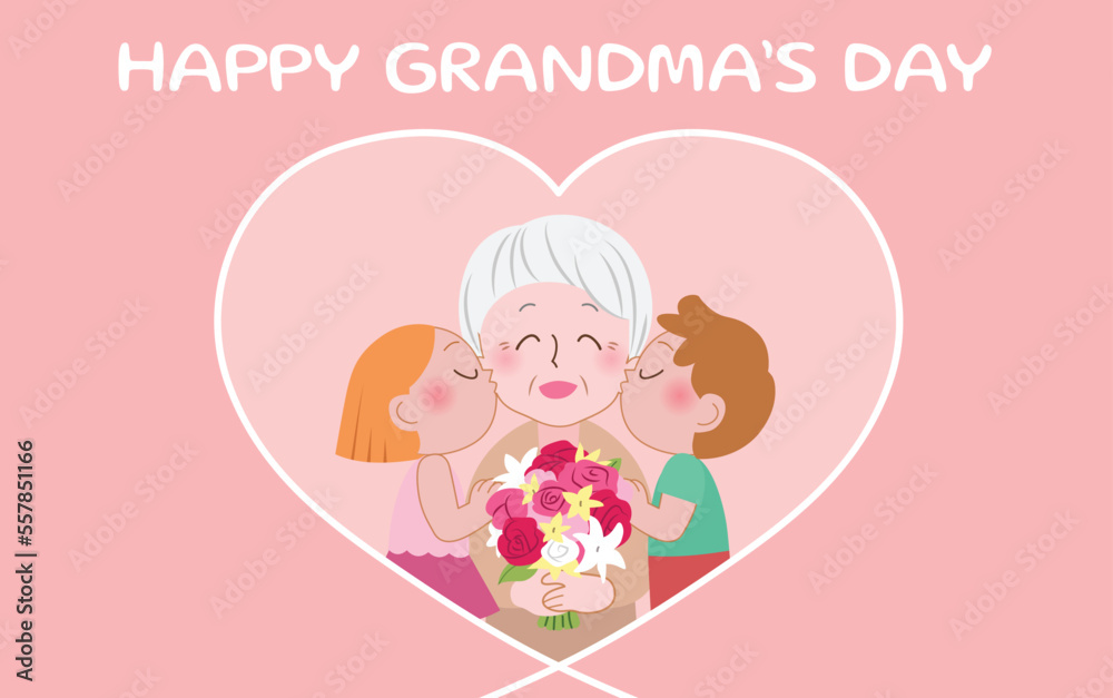 Grandchildren kissing grandmother. Grandmother receiving bouquet of flowers from granddaughter and grandson. Celebration of grandparents day or grandmother's day. Happy grandma's day vector. 