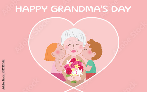 Grandchildren kissing grandmother. Grandmother receiving bouquet of flowers from granddaughter and grandson. Celebration of grandparents day or grandmother's day. Happy grandma's day vector. 