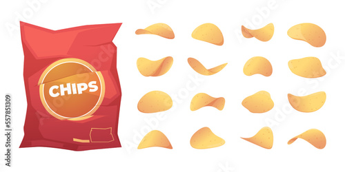 Cartoon potato chips. Salty french fries vegetarian snack, fast food fried appetizer package with crunchy crisps flat style. Vector isolated set of food potato pattern illustration