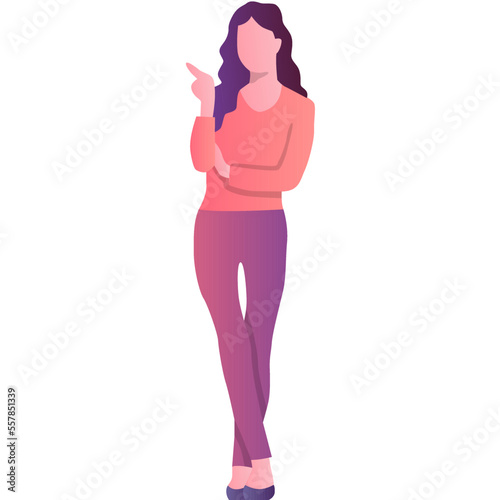 Woman pointing finger aside vector flat icon