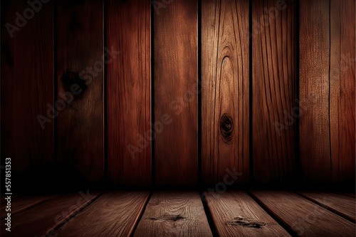 Empty mahagony wood plank table top with background. Mock up display for product. Banner or header for advertising on social media. Generative ai.  photo
