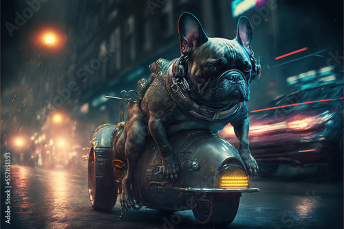 French bulldog driving a futuristic motorbike with cinematic mood, background photo for music video, Generative AI and manual enhanced color
